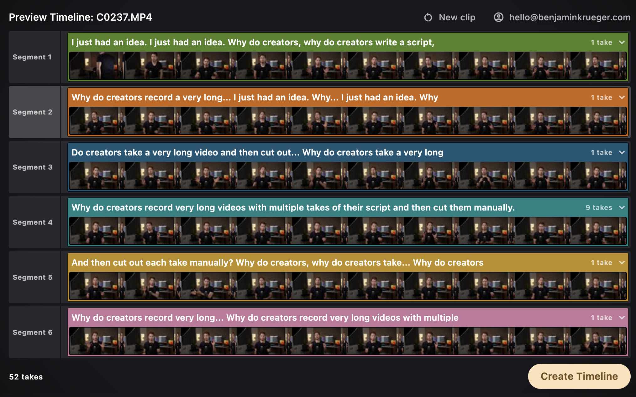 Cutty timeline with takes organized into tracks.